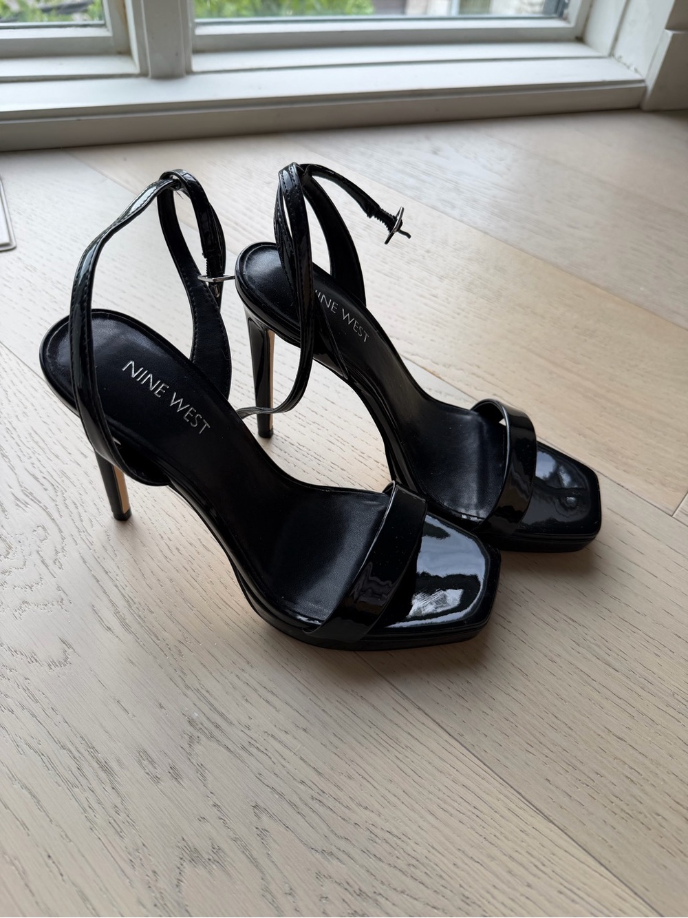 Nine West Black Patent Square-Toe Stiletto Sandals
